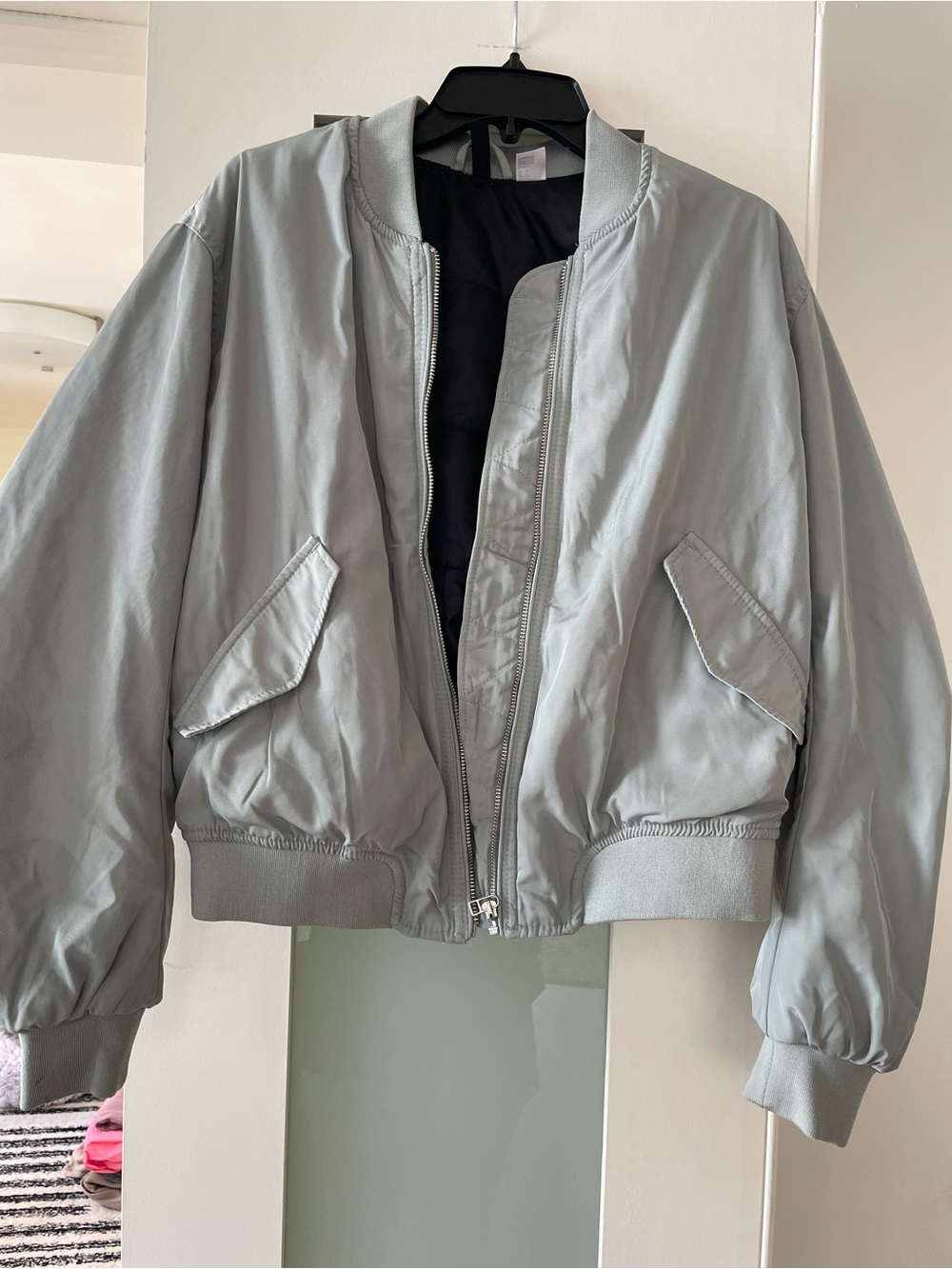 Greenish Gray Women’s Bomber Jacket - Casual Zip Front Coat